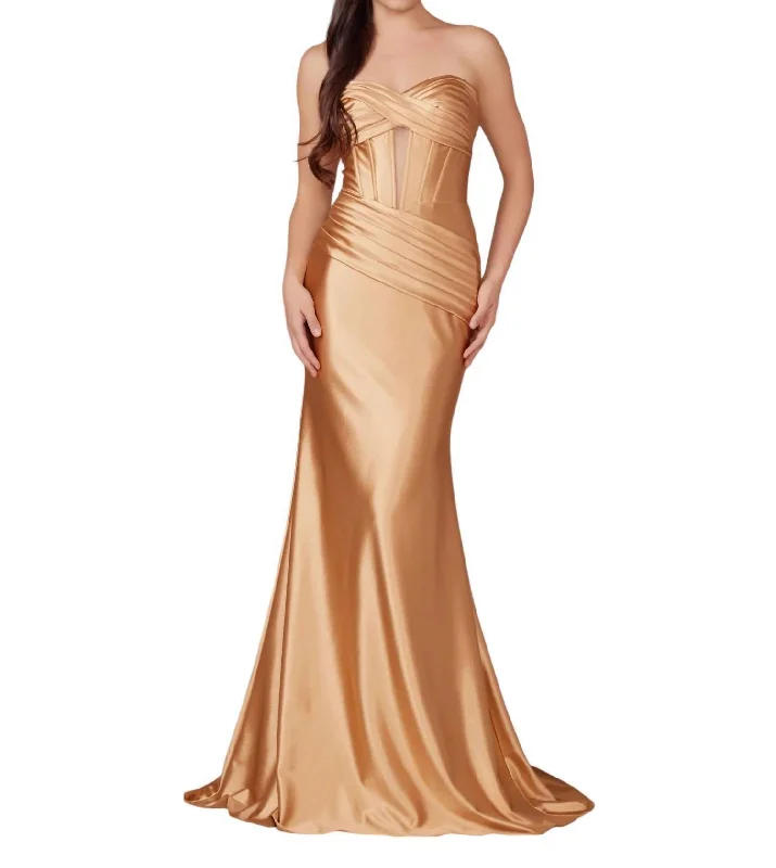 Women's Floral Print Outfit Trendy Attire For Her Satin Fitted Strapless Corset Gown In Gold