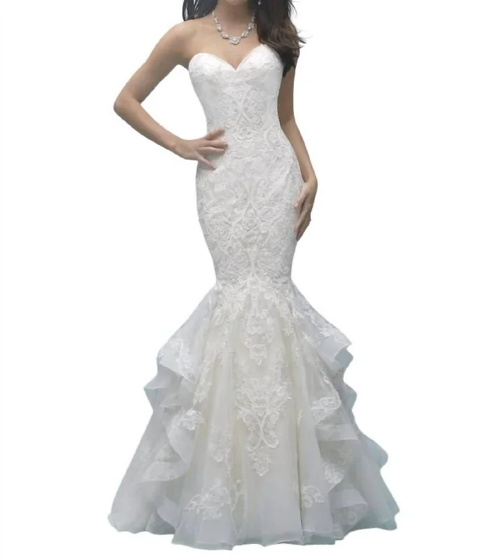 Women's Holiday Outfit Step Ahead, Lead The Trend Strapless Ruffled Lace Mermaid Wedding Gown In Gold/ivory/silver