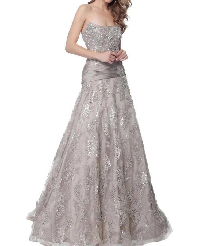 Women's High-End Clothing Trendy New Clothes Strapless Embellished A Line Evening Gown In Taupe