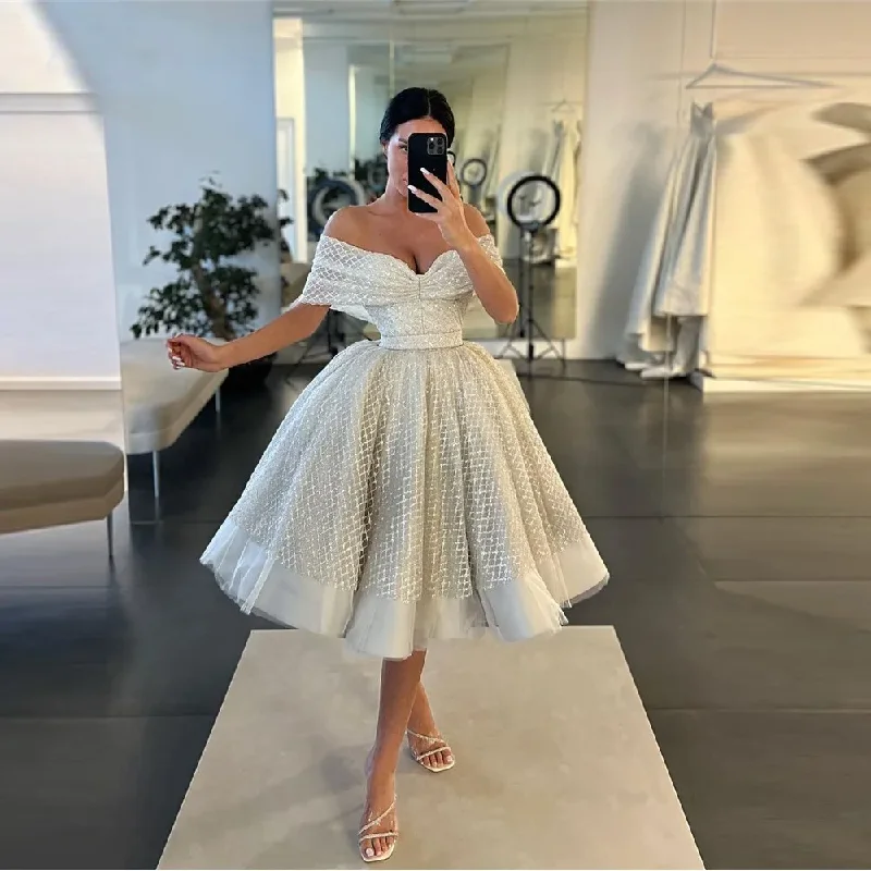 Women's Activewear Apparel Limited Time Flash Sale Glitter Ball Gown Prom Dresses Ruched Off The Shoulder Sleeveless Knee Length Evening Party Gowns Short Formal Graduation Wear