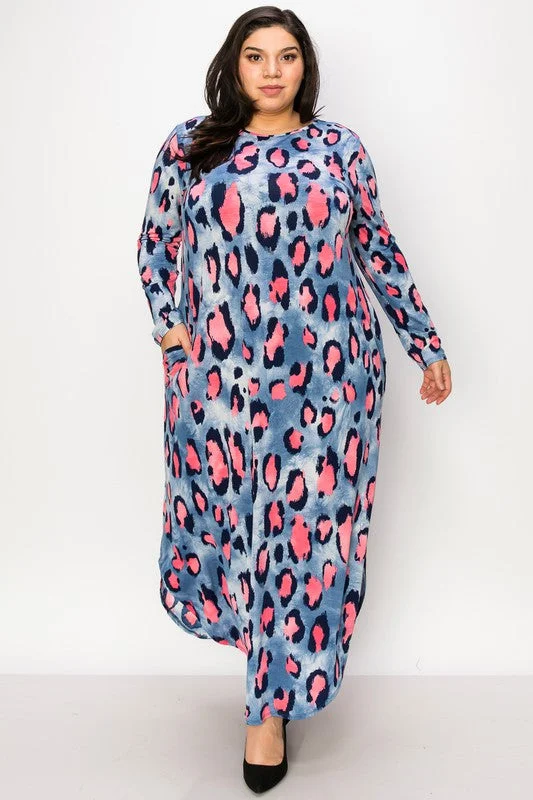 Women's Chic Apparel Seasonal Sale Blue Gray Pink Leopard Animal Print Maxi Dress