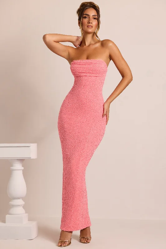 Stylish Women's Garments Catch Every Fashion Trend Embellished Bandeau Cowl Neck Maxi Dress in Coral