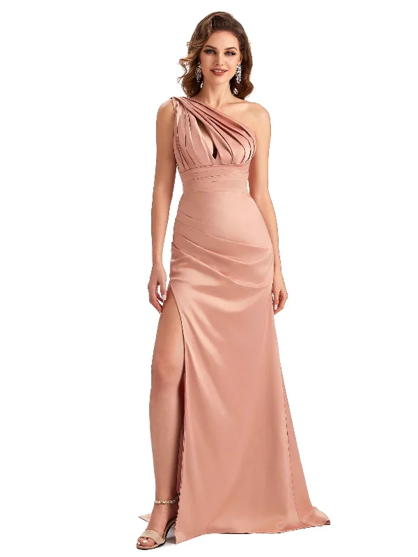 Women's Trendy Outfit Seasonal Trends Sexy One Shoulder Side Slit Mermaid Unique Long Satin Party Dress