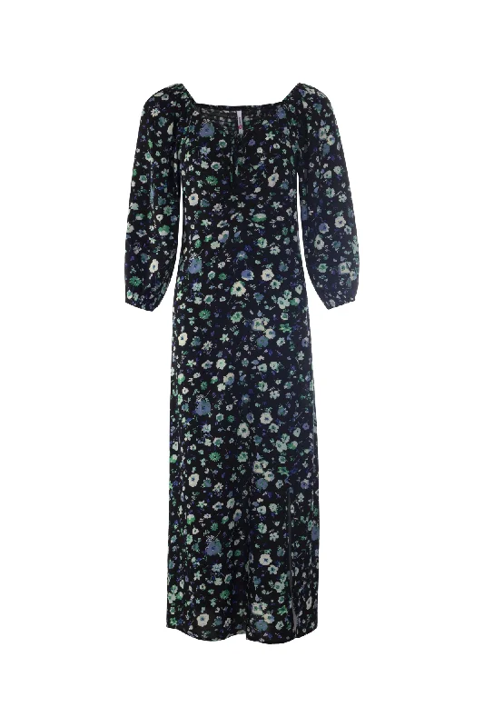 Women's Holiday Clothing Formal Outfit Shirred back ptd Viscose Maxi Dress | Green Black Sprig | 3358AR