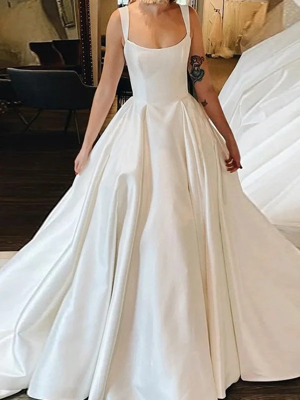 Formal Attire For Women Elevated Style Ball Gown Satin Ruffles Straps Sleeveless Court Train Wedding Dresses