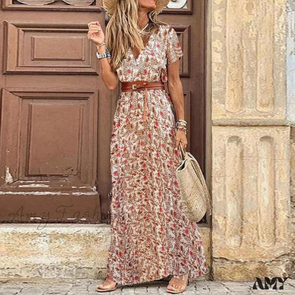 Women's Holiday Clothing Best Seller Amy Fashion - Sexy V-neck Short Sleeve Belted Maxi Dress