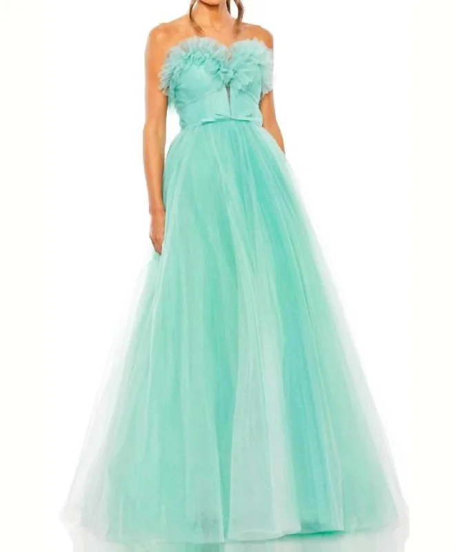 Women's Cozy Winter Attire Style Redefined Strapless Glitter Tulle Ballgown In Aqua Ombre