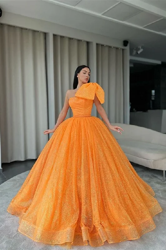 Casual Garments For Women Boutique Styles Orange One-Shoulder Ball Gown Evening Dress With Sequins