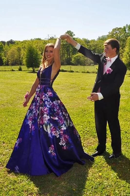 Women's Trendy Outfit Chic And Edgy Floral Prom Dresses, Royal Blue Prom Dress   cg8564