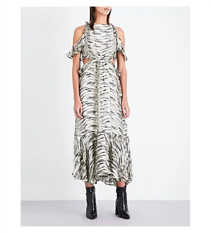 Women's Vacation Outfit Trend Alert Animal Print Silk Ruffle Open Back Cutout Midi Dress In Grey