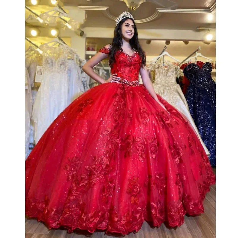 Women's Casual Apparel Flowy Fabric New Red Quinceanera Dresses Sequined Beading Appliques Sweetheart Luxury Formal Party Princess Ball Gowns Vestidos De 15 Años