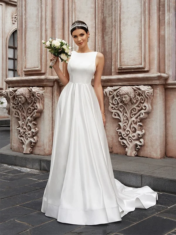 Plus-Size Women's Clothing Latest Trends A-Line/Princess Satin Sleeveless Scoop Ruffles Sweep/Brush Train Wedding Dresses