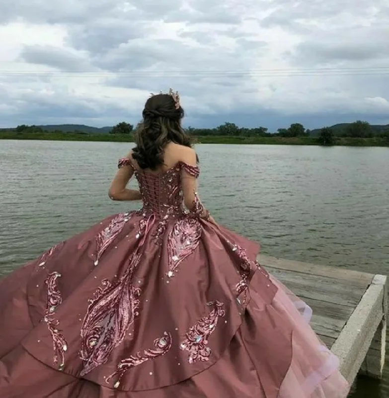 Formal Garments For Women Premium Fashion Luxury Pink Quinceañera Dress Princess Sequin Ball Gown Sweet 15 Birthday Dress Glitter Xv Charro Prom Gowns