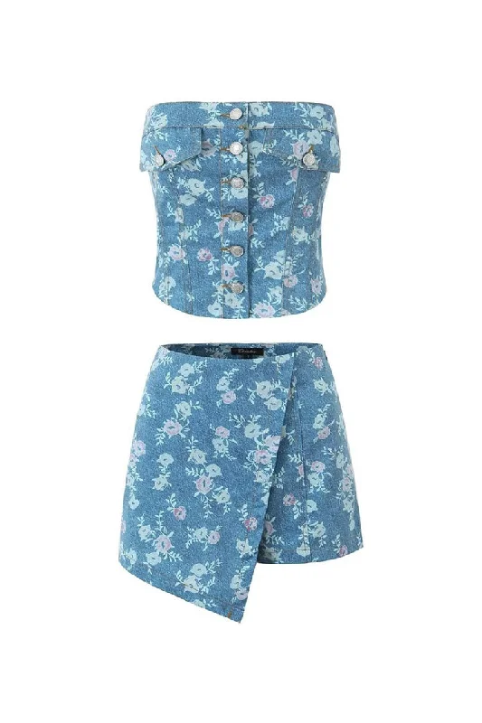 Women's Everyday Clothes Elevated Style Retro Floral Button Up Tube Top High Rise Skort Two Piece Denim Mini Dress