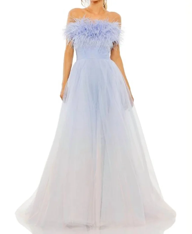 Women's Chic Outerwear Attire Premium Quality Garments Strapless Feather Tool Ballgown In Blue Ombre