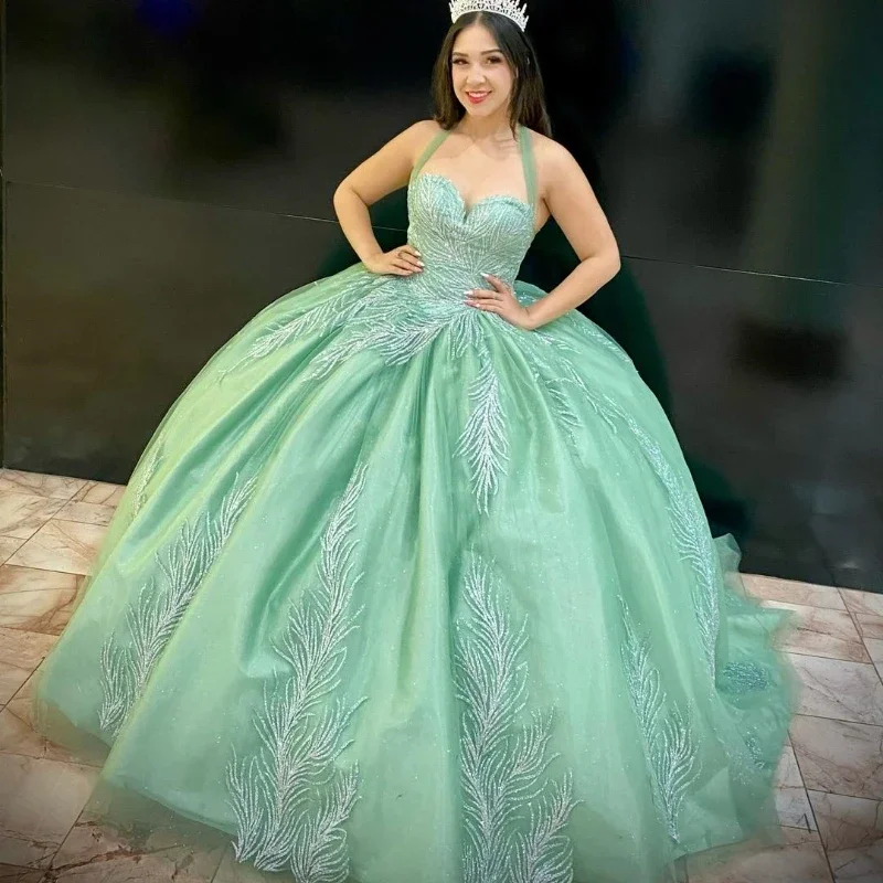 Women's Occasion Wear Clothes Forward Trendsetter Green Shiny Sweetheart Quinceanera Dress Off The Shoulder Ball Gown Lace Beads Corset Sweet 15 Vestidos De XV Años