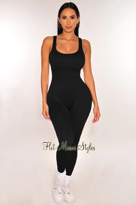 Formal Clothing For Women Flash Sale Now HMS Fit: Black Seamless Ribbed Tank Padded Snatched Jumpsuit