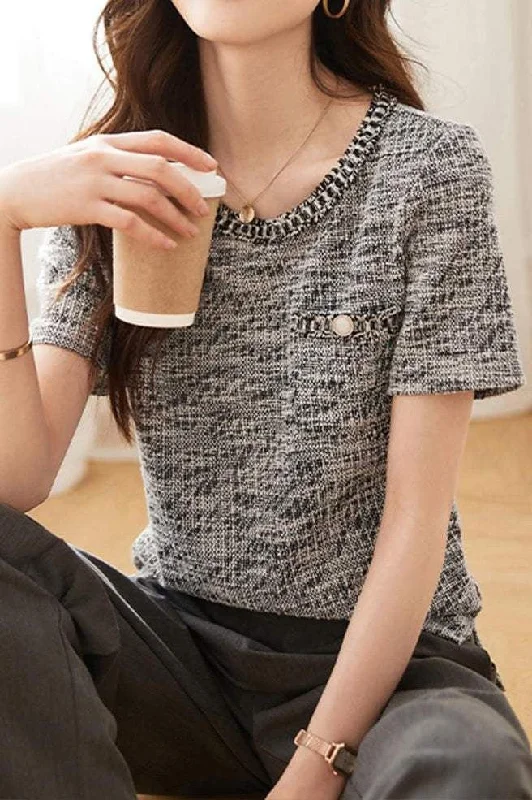 Women's Comfy Loungewear Outfit Summer Essentials Chanel-style Round Neck Tweed T-shirt