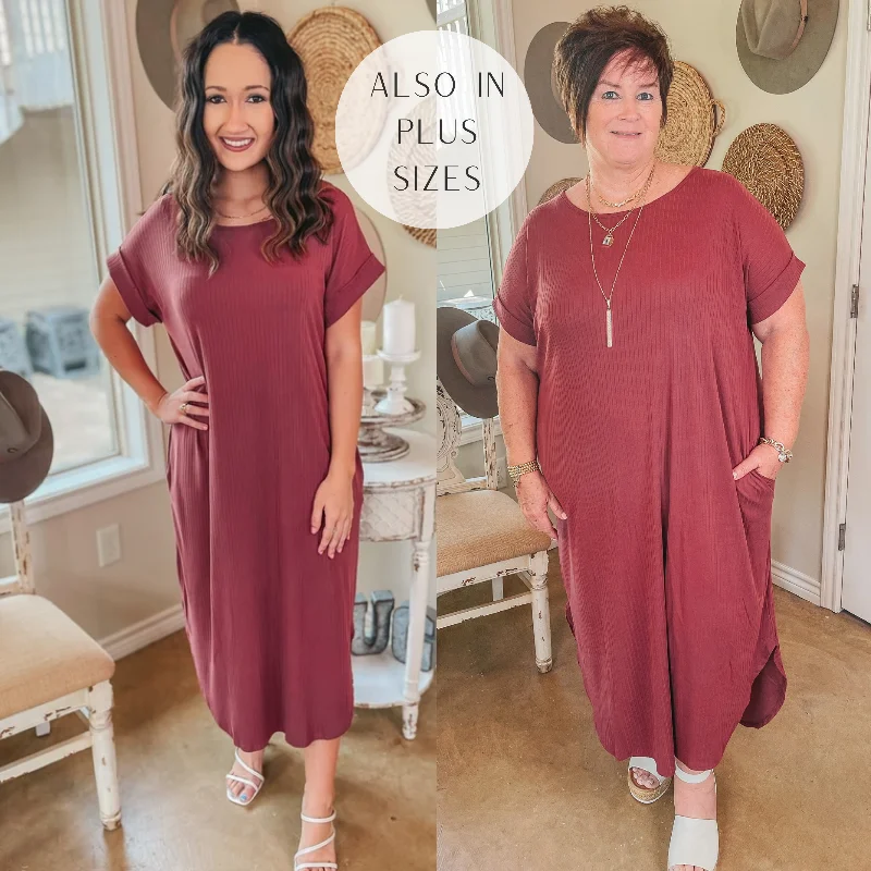 Women's Formal Event Outfit Evening Looks Last Chance Size XL | Chill Looks Short Sleeve Ribbed Midi Dress in Marsala