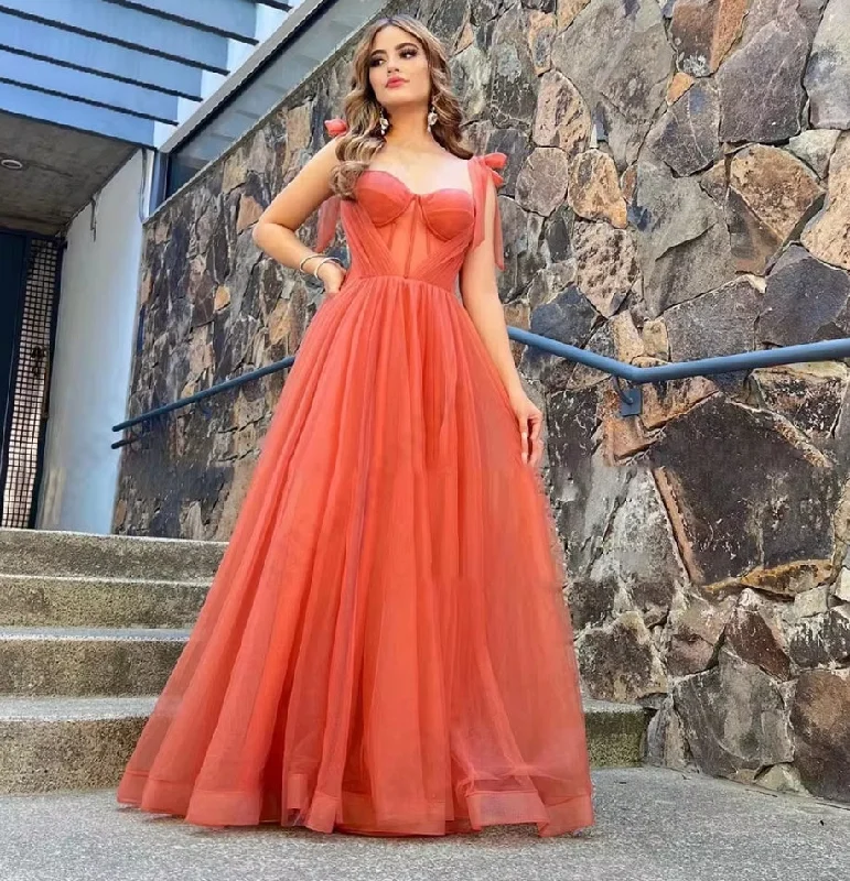 Women's Everyday Apparel Vintage Elegance Orange Tulle Evening Party Dresses Bow Tied Straps Bone Corset Sweetheart Maxi Dress A-Line Long Party Prom Gowns