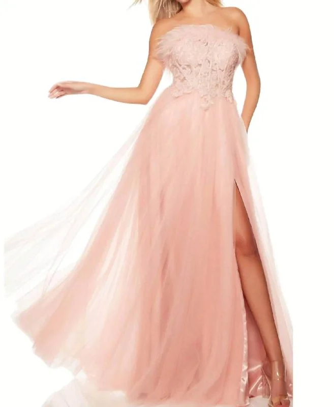 Women's Festive Attire Comfort Centric Apparel Strapless Feather Corset Ballgown In Pink