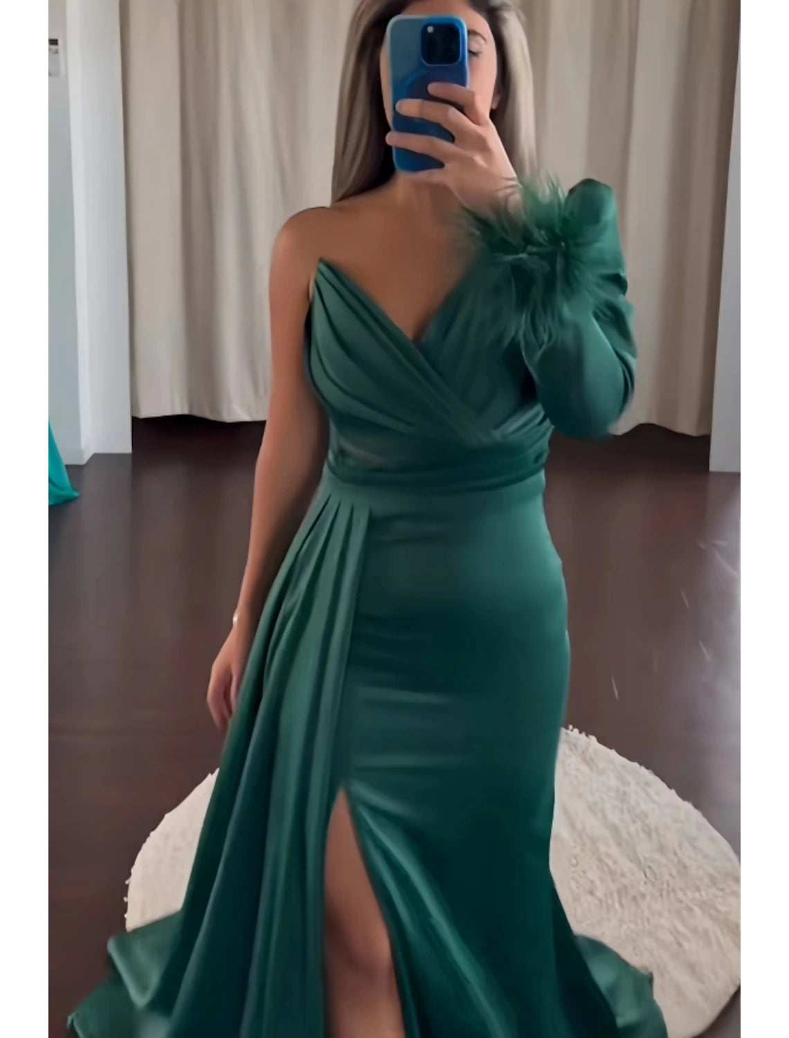 Women's Office Clothing Special Occasion Wear A-Line Evening Gown Party Dress Formal Fall Sweep / Brush Train Long Sleeve One Shoulder Satin with Feather Ruched Slit