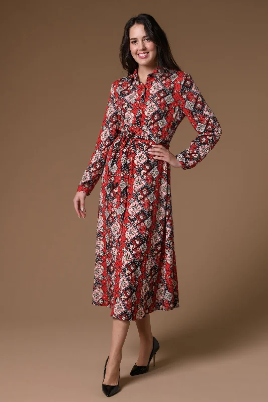 Vintage Clothing For Women Classic Appeal Belted Tile Print Maxi Dress- Red