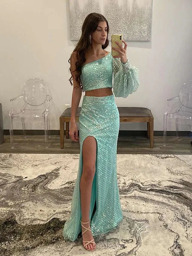 Women's Loungewear Clothes Elegant Style Prom Dresses Empire Dress Party Wear  Sleeveless One Shoulder Sequined with Sequin Slit