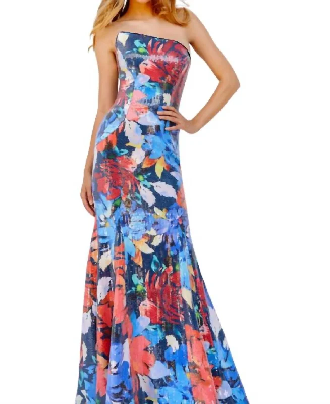 Women's Garments Mega Sale Strapless Floral Gown In Multi