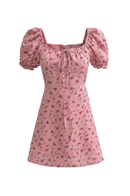 Women's Evening Clothing Dreamy Draping Sweet Bow Tie Square Neck Puff Sleeve Cotton Seersucker Floral Mini Dress