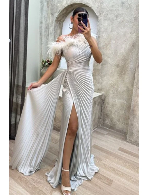 Women's Tops And Clothing Fashion-Forward A-Line Evening Gown High Split Dress Formal Fall Sweep / Brush Train Sleeveless Off Shoulder Satin with Feather Pleats Slit