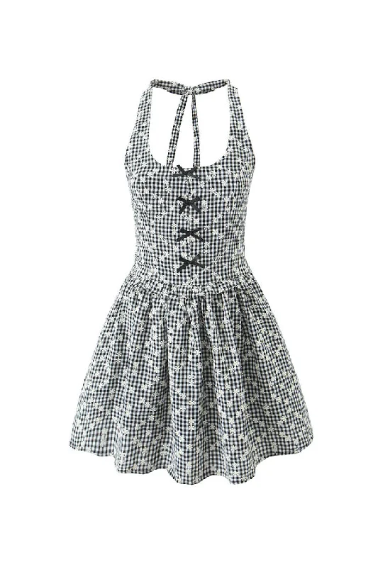 Vintage-Inspired Women's Clothes Refined Simplicity Girlish Bow Trim Floral Embroidered Gingham Print Smocked Halter Party Mini Dress