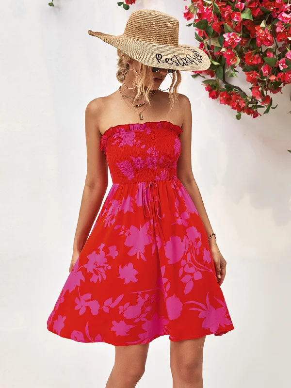 Women's Functional Outdoor Garments Fashionista Favorites Floral Frill Trim Strapless Smocked Dress