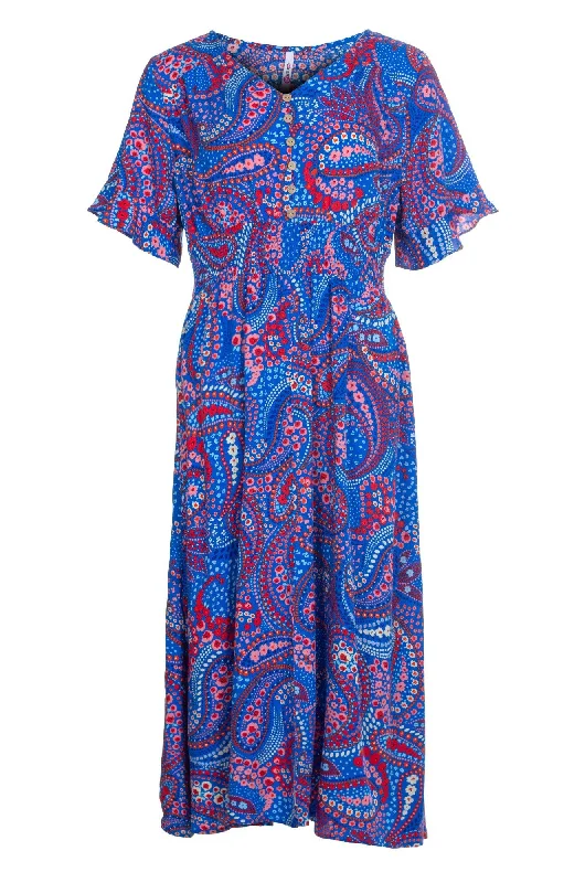 Women's Elegant Clothes Premium Style Maxi Dress with shirred waist | Cobalt Red Paisley | 3359A1