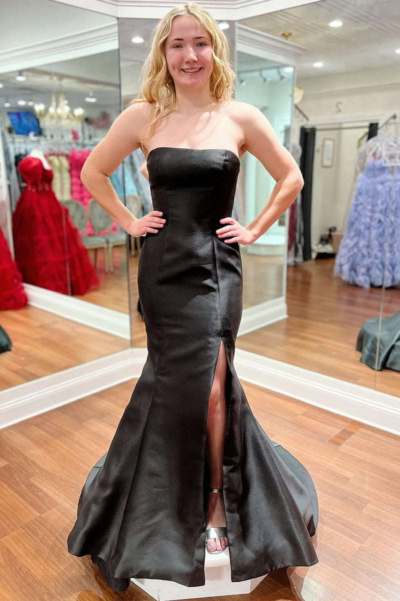 Women's Work Outfit Elevate Your Wardrobe Black Strapless Satin Mermaid Prom Dress with Slit