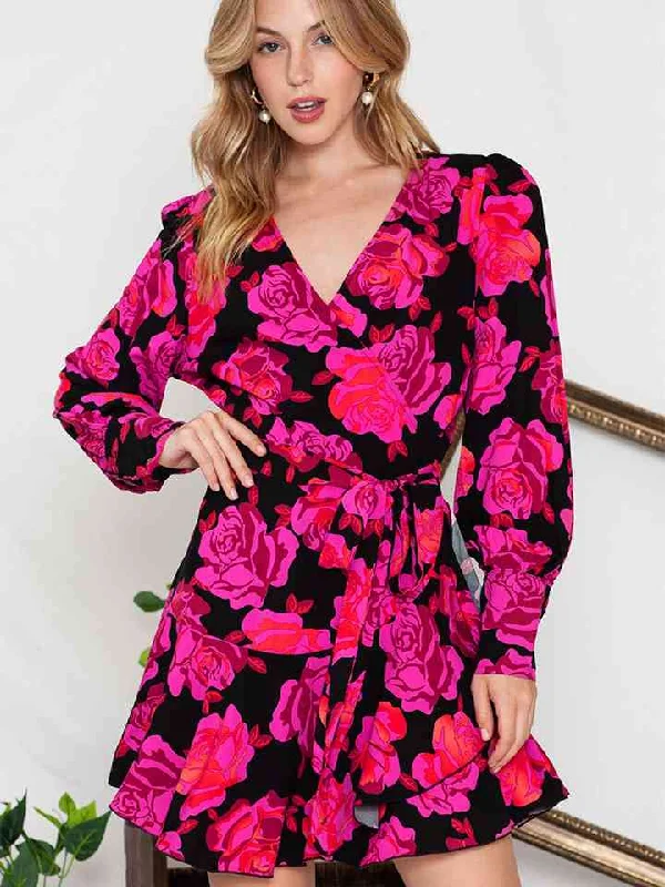 Women's Festive Attire Versatile Wardrobe Essentials Floral Print Surplice Neck Long Sleeve Dress