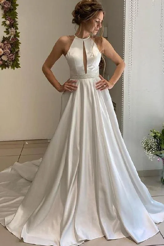 Women's Occasion Wear Apparel Innovate Your Wardrobe Elegant one line collar backless long satin beaded strap and floor length wedding dress