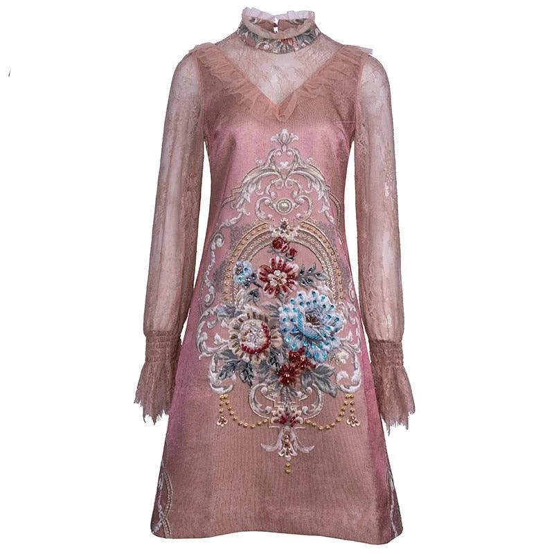 Women's Clothes Formal Outfit Pink Jacquard Vintage Long sleeve Gorgeous Beading Floral  Mini Dress