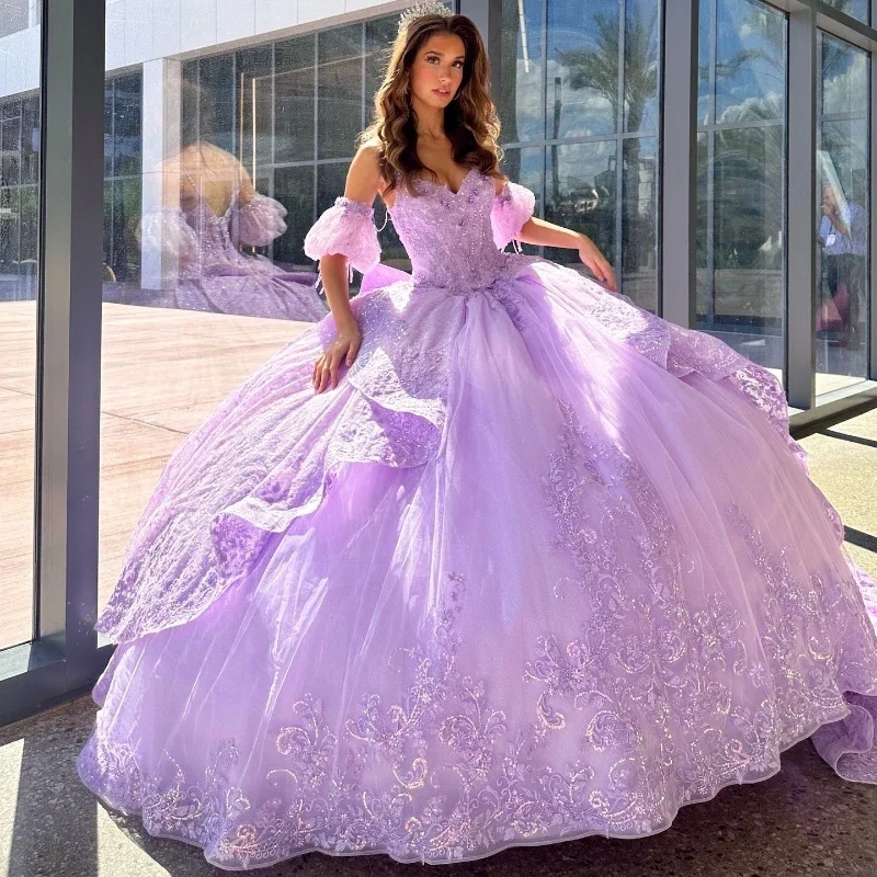 Women's Travel Apparel Trendy Clothing Sale Lavender Sweetheart Quinceanera Dresses Party Off the Shoulder Evening Prom Dress for Women Tulle Applique Lace Beads Ball Gown