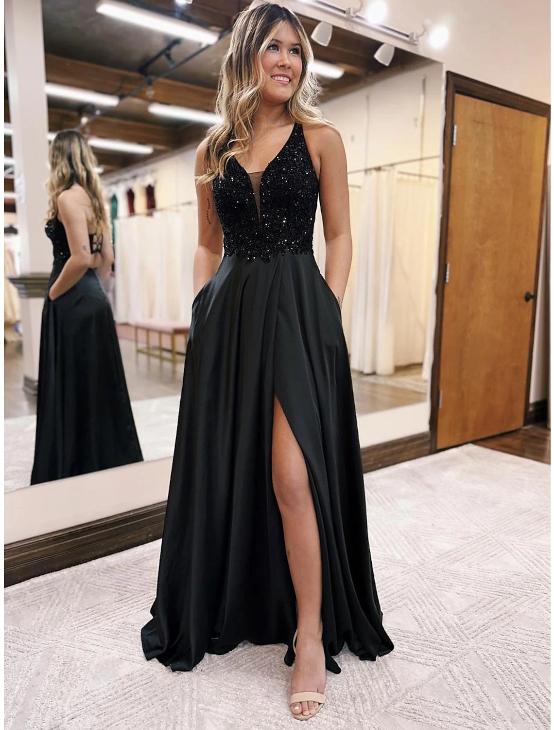 Women's Evening Outfit Latest Trends A-Line Evening Gown Empire Dress Formal Prom Floor Length Sleeveless V Neck Pocket Satin Backless with Beading Appliques