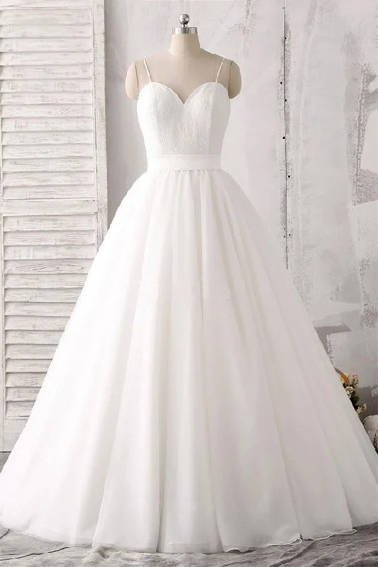 Vintage-Inspired Women's Apparel Fashion Frontiers Elegant thin shoulder straps sweet floor mopping white satin and floor length wedding dress