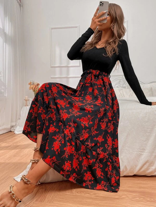 Women's Classic Attire Chic Wardrobe Essentials Floral Belted Ruffle Hem Dress