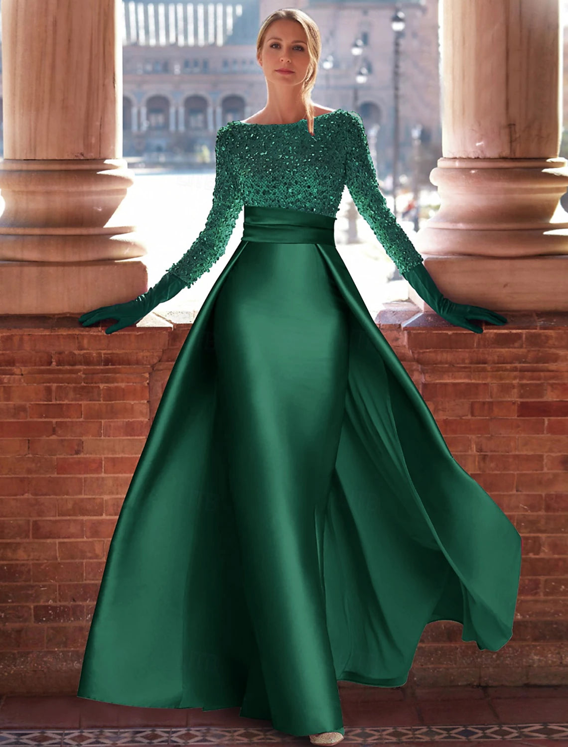 Women's Athleisure Apparel Everyday Glamour A-Line Evening Gown Formal Christmas Floor Length Long Sleeve Jewel Neck Satin with Glitter Slit