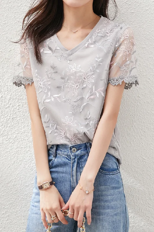 Women's Evening Wear Outfit Spring Wardrobe V-neck Tulle Flower Embroidered T-shirt