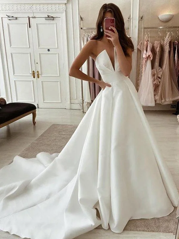 Women's Everyday Garments Season Appropriate Women's Collection A-shaped princess satin ruffled V-neck sleeveless and floor length wedding dress