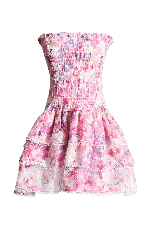 Women's Professional Clothes Feminine Grace Cute Ruffle Strapless Smocked Broderie Anglaise Tiered Floral Mini Dress