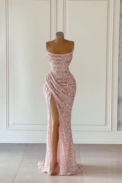 Women's Floral Print Outfit Chic & Cozy Apparel Pink Sequins Sleeveless Evening Dresses With Split