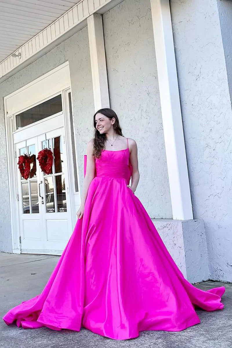 Stylish And Comfortable Clothing For Women Unbeatable Prices Fuchsia Scoop Neck Satin Bow Back Long Prom Dresses