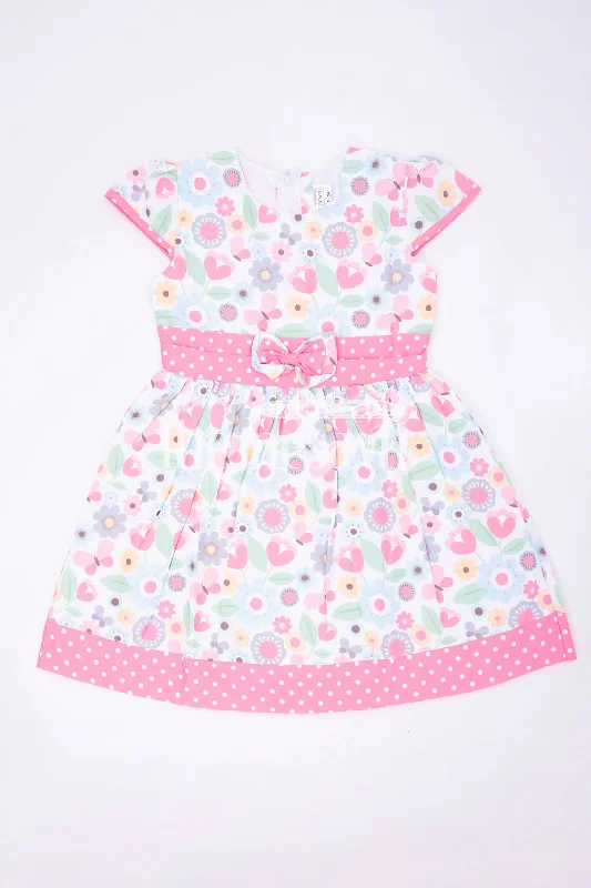 Women's Clothes And Apparel Elegant Clothing Pink Polka Dot and Floral Frock with Bow Embellishment