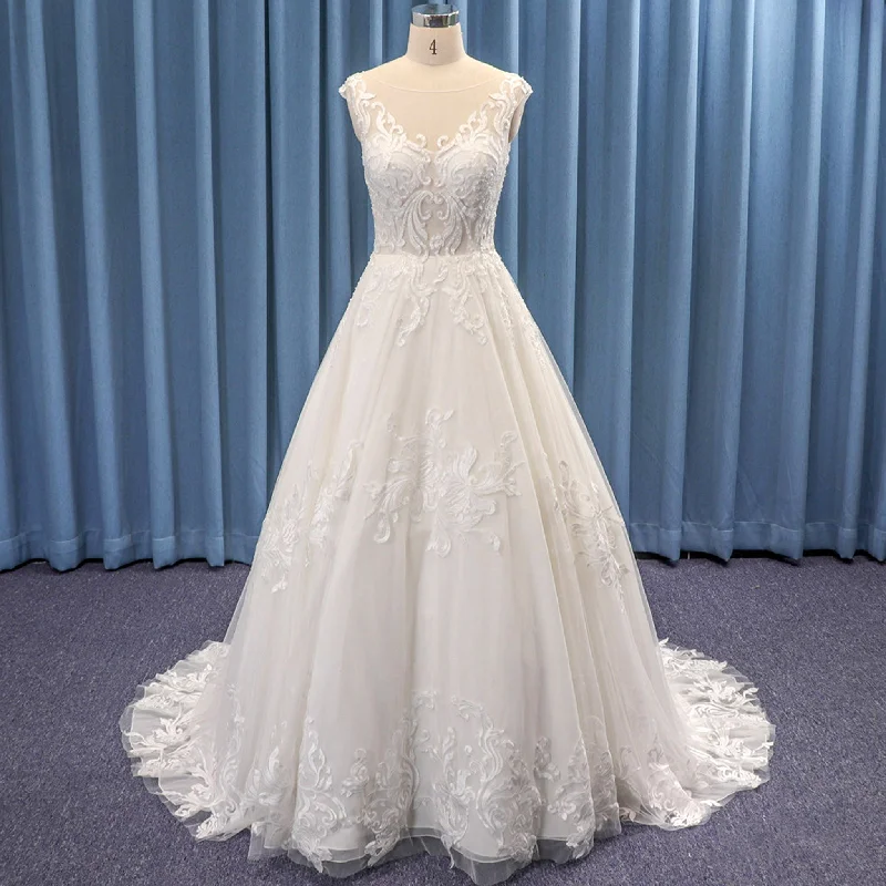 Women's Vintage-Inspired Outfit Subtle Sophistication Trending Sheer Bodice Lace Tulle A-line Bridal Wedding Dress